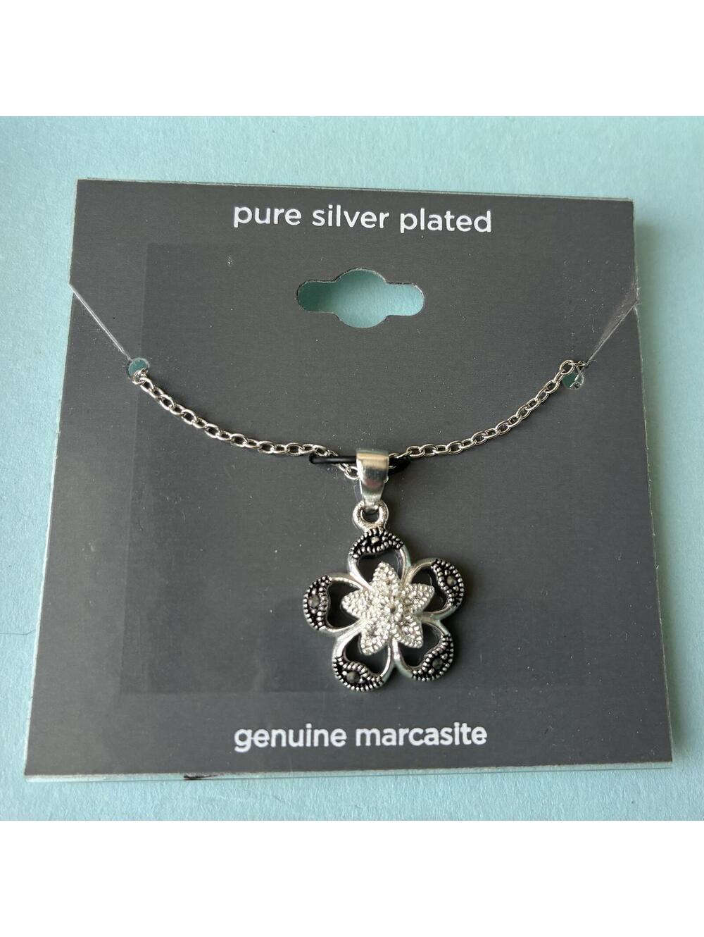 Marcasite Pure Silver Plated 5 Petal Flower Pendant Necklace - NEW / NWT